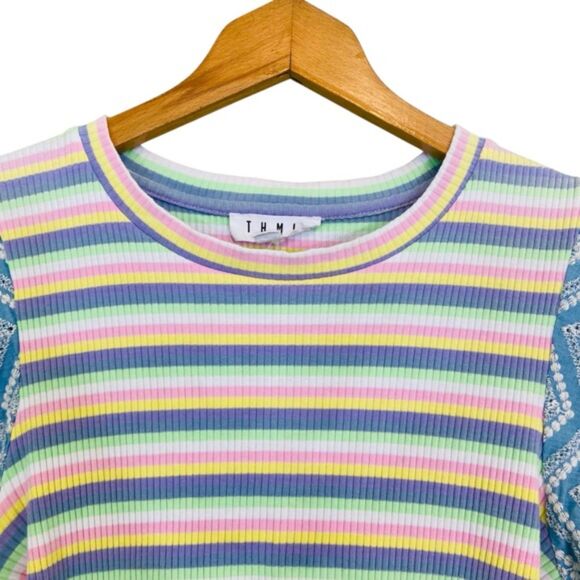 THML Multi Stripe Fringe Sleeves Cotton Top Shirt Size Small - Picture 4 of 12